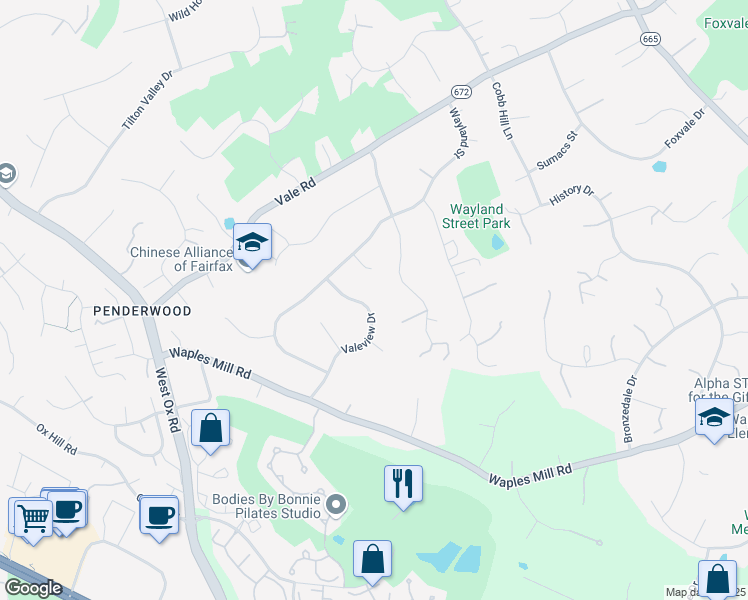 map of restaurants, bars, coffee shops, grocery stores, and more near 3531 Valeview Drive in Oakton