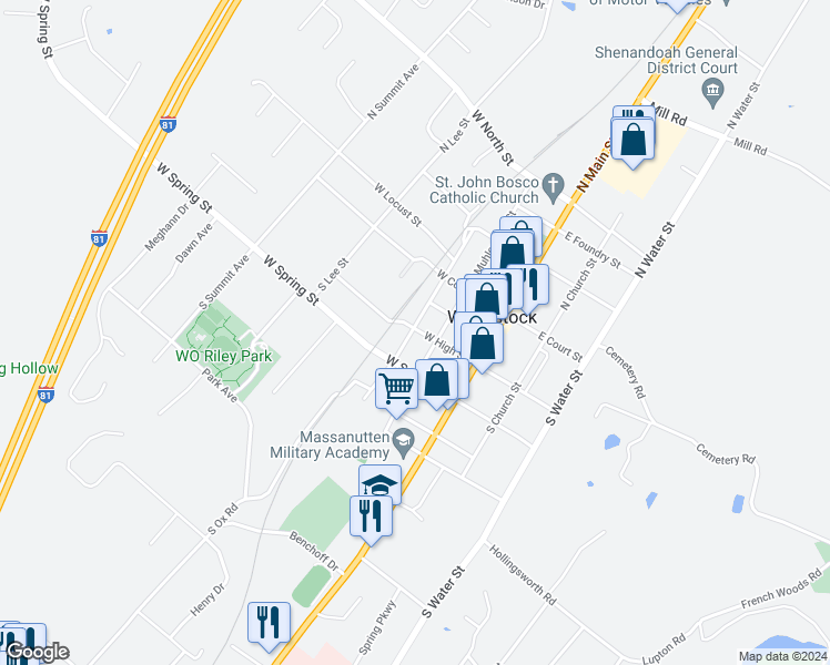 map of restaurants, bars, coffee shops, grocery stores, and more near 223 West High Street in Woodstock