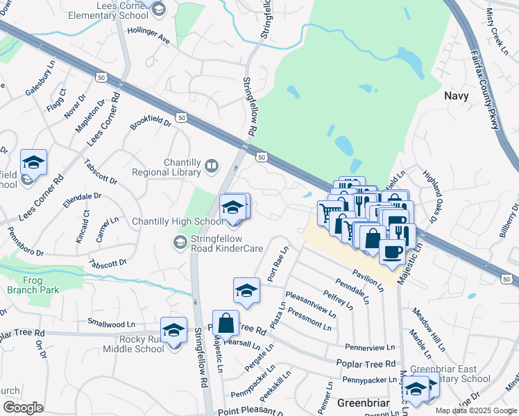 map of restaurants, bars, coffee shops, grocery stores, and more near 13292 Leafcrest Lane in Fairfax