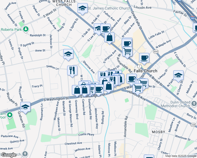 map of restaurants, bars, coffee shops, grocery stores, and more near 411 South Virginia Avenue in Falls Church