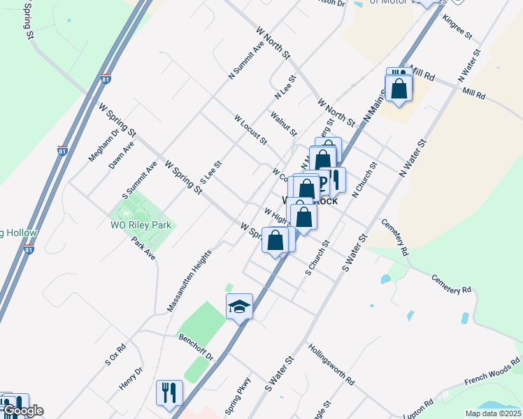 map of restaurants, bars, coffee shops, grocery stores, and more near 223 West High Street in Woodstock