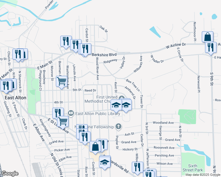map of restaurants, bars, coffee shops, grocery stores, and more near 419 Douglas Avenue in East Alton