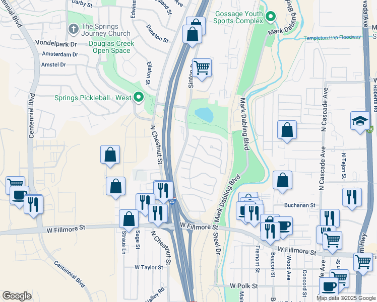 map of restaurants, bars, coffee shops, grocery stores, and more near 3436 Sinton Road in Colorado Springs
