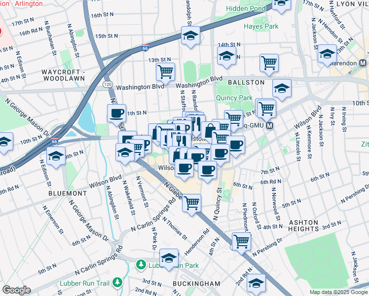 map of restaurants, bars, coffee shops, grocery stores, and more near 900 North Stafford Street in Arlington