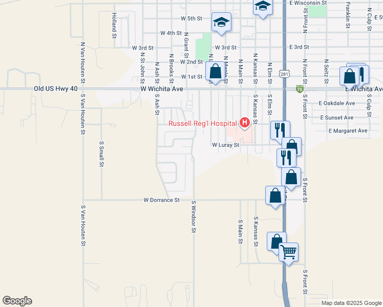map of restaurants, bars, coffee shops, grocery stores, and more near 401 South Windsor Street in Russell