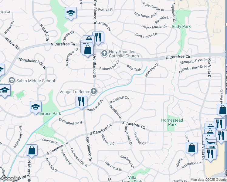 map of restaurants, bars, coffee shops, grocery stores, and more near 4960 Whimsical Drive in Colorado Springs