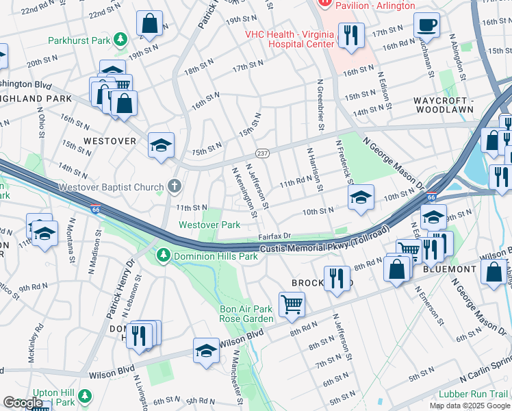 map of restaurants, bars, coffee shops, grocery stores, and more near 1101 North Kensington Street in Arlington