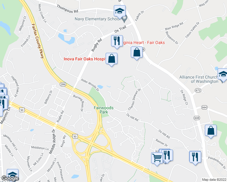 map of restaurants, bars, coffee shops, grocery stores, and more near 12550 Lieutenant Nichols Road in Fairfax