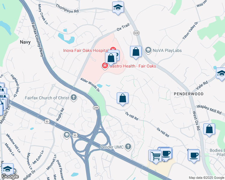 map of restaurants, bars, coffee shops, grocery stores, and more near 12550 Lieutenant Nichols Road in Fairfax