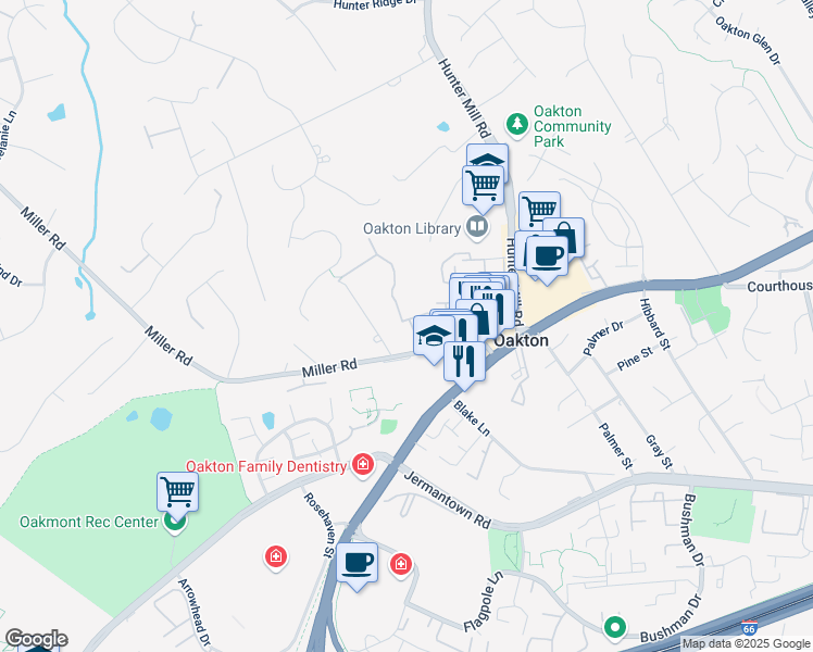map of restaurants, bars, coffee shops, grocery stores, and more near 2930 Oakborough Square in Oakton