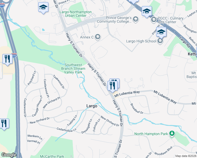 map of restaurants, bars, coffee shops, grocery stores, and more near 511 Harry S Truman Drive in Largo