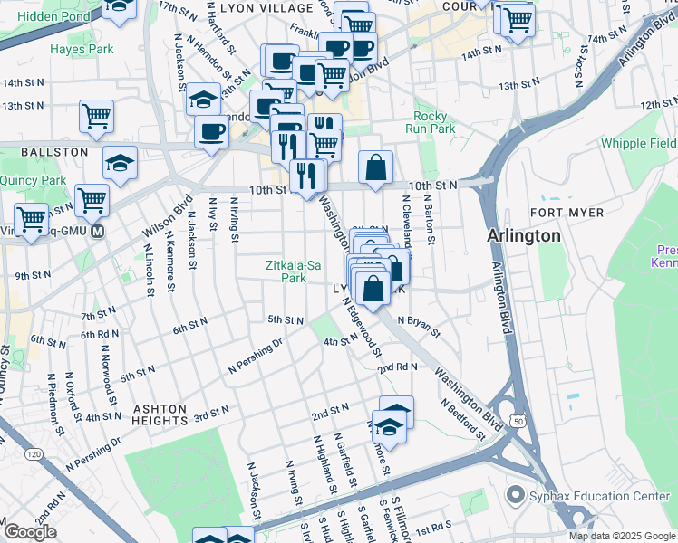map of restaurants, bars, coffee shops, grocery stores, and more near 712 N Edgewood St in Arlington