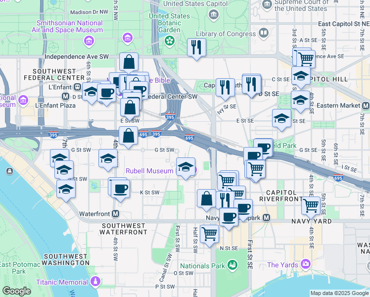 map of restaurants, bars, coffee shops, grocery stores, and more near 34 G Street Southwest in Washington