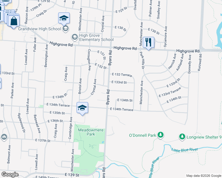 map of restaurants, bars, coffee shops, grocery stores, and more near 7400 East 133rd Terrace in Grandview