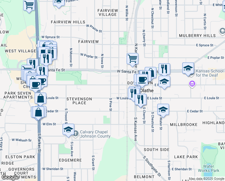 map of restaurants, bars, coffee shops, grocery stores, and more near 116 South Pine Street in Olathe