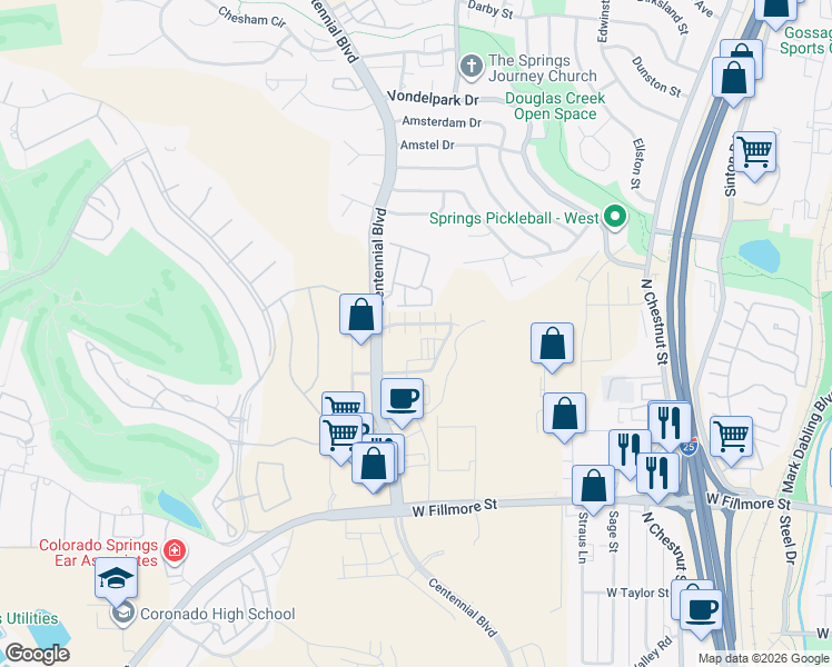 map of restaurants, bars, coffee shops, grocery stores, and more near 3562 Rialto Heights in Colorado Springs