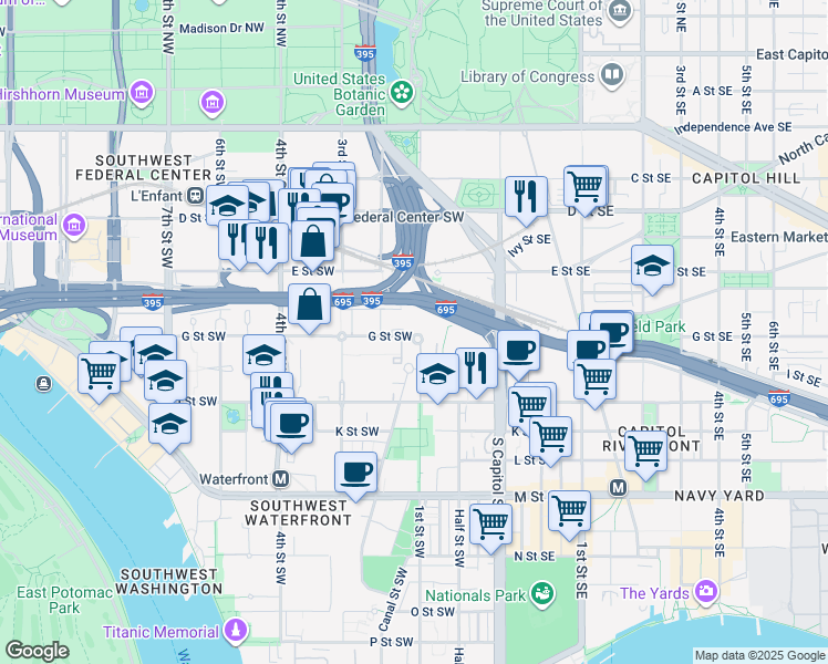 map of restaurants, bars, coffee shops, grocery stores, and more near 101 Independence Avenue Southeast in Washington
