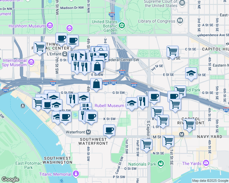 map of restaurants, bars, coffee shops, grocery stores, and more near 101 Independence Avenue Southeast in Washington