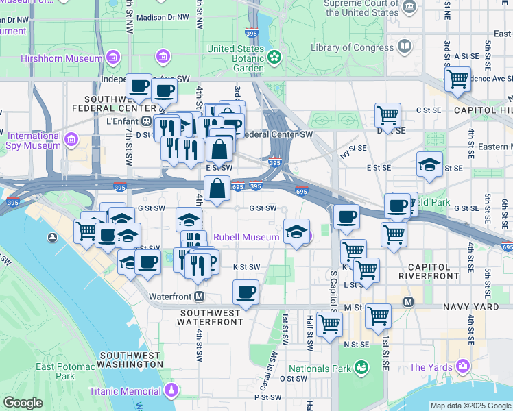 map of restaurants, bars, coffee shops, grocery stores, and more near 101 Independence Avenue Southeast in Washington