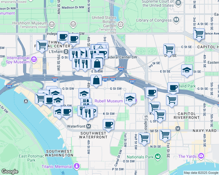 map of restaurants, bars, coffee shops, grocery stores, and more near 101 Independence Avenue Southeast in Washington