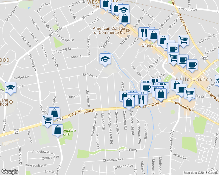map of restaurants, bars, coffee shops, grocery stores, and more near 202 West George Mason Road in Falls Church