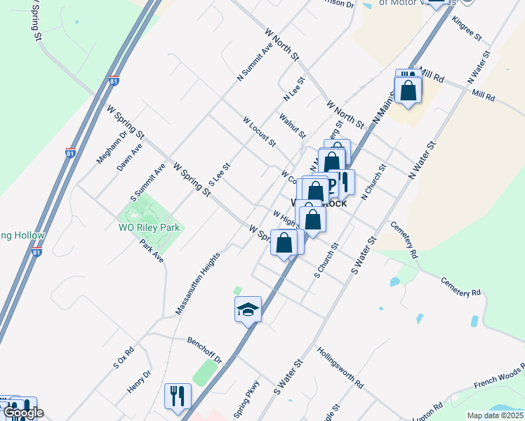 map of restaurants, bars, coffee shops, grocery stores, and more near 401 West High Street in Woodstock