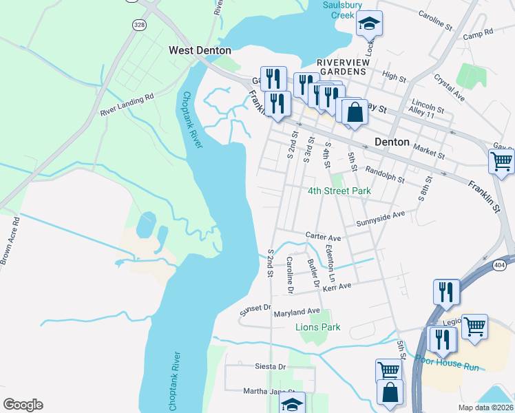 map of restaurants, bars, coffee shops, grocery stores, and more near 316 South 2nd Street in Denton