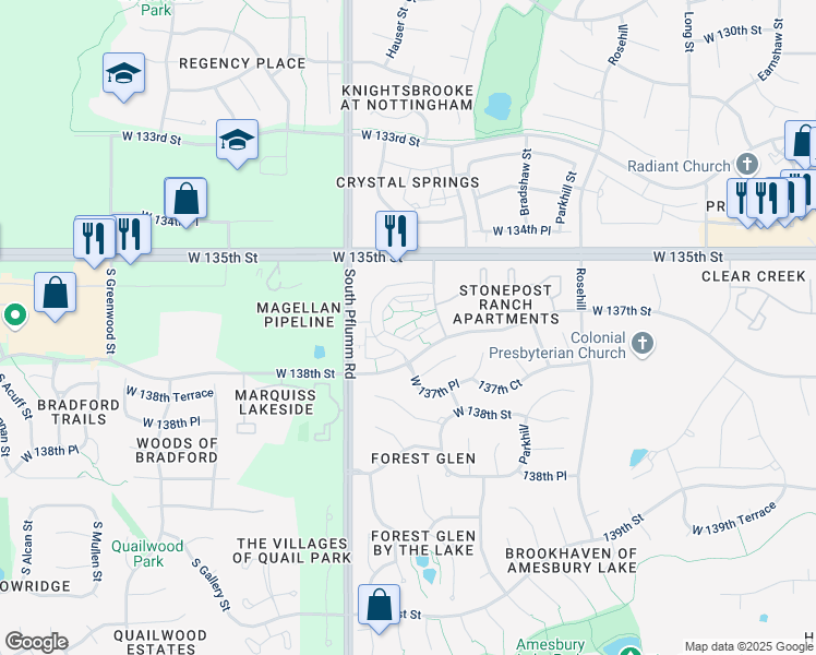 map of restaurants, bars, coffee shops, grocery stores, and more near 13621 Hauser Street in Overland Park