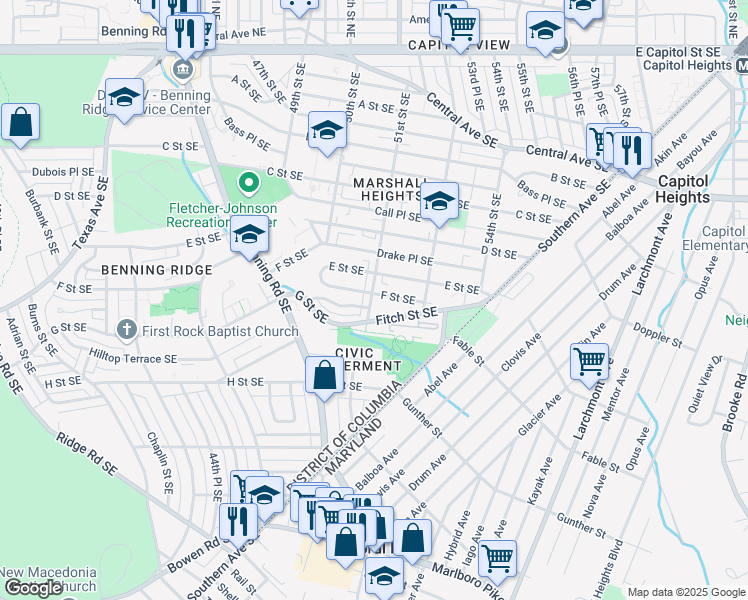 map of restaurants, bars, coffee shops, grocery stores, and more near 5101 F Street Southeast in Washington