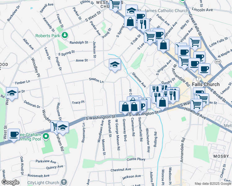 map of restaurants, bars, coffee shops, grocery stores, and more near 202 West George Mason Road in Falls Church