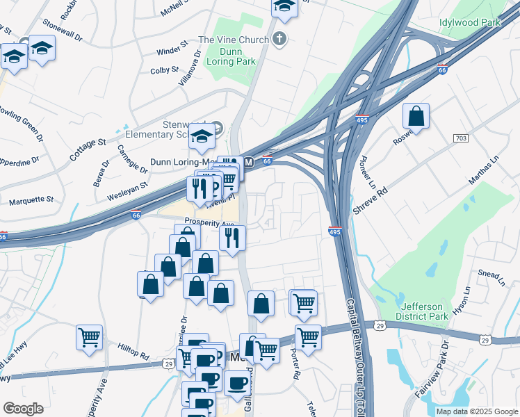 map of restaurants, bars, coffee shops, grocery stores, and more near 2711 Bellforest Court in Vienna