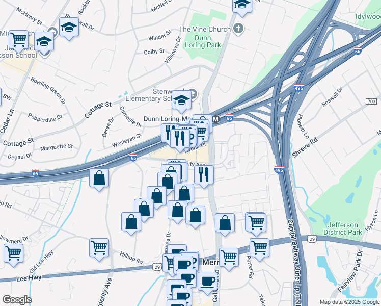 map of restaurants, bars, coffee shops, grocery stores, and more near 2677 Avenir Place in Vienna