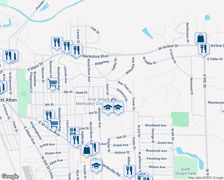 map of restaurants, bars, coffee shops, grocery stores, and more near 804 Amherst Drive in East Alton