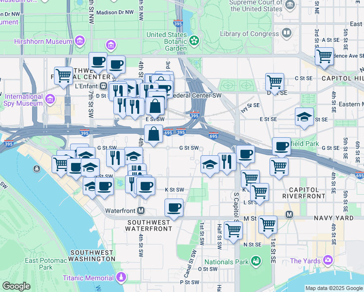 map of restaurants, bars, coffee shops, grocery stores, and more near 227 G Street Southwest in Washington
