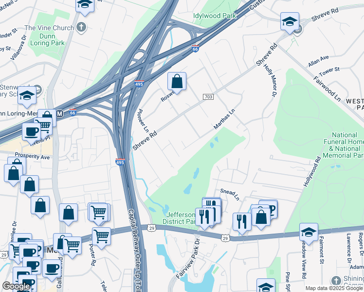 map of restaurants, bars, coffee shops, grocery stores, and more near 7828 Marthas Lane in Falls Church