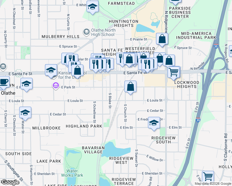 map of restaurants, bars, coffee shops, grocery stores, and more near 113 South Mahaffie Street in Olathe