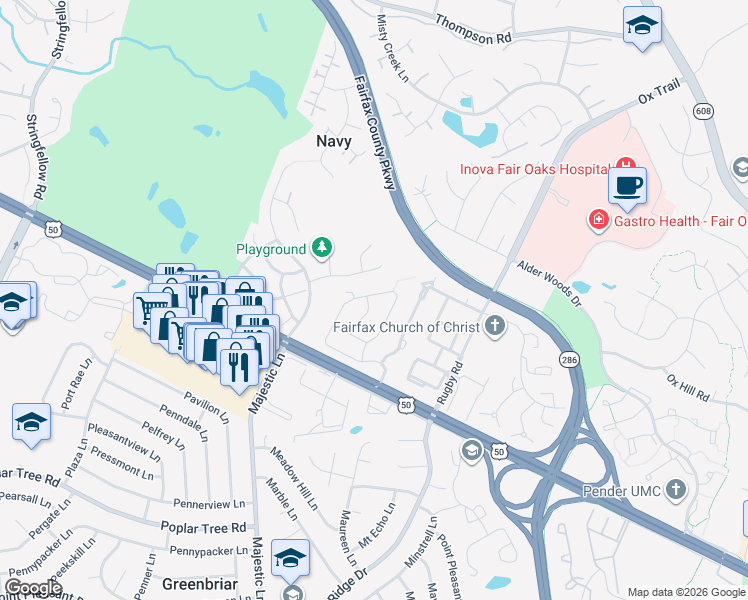 map of restaurants, bars, coffee shops, grocery stores, and more near 4009 Sherford Drive in Fairfax