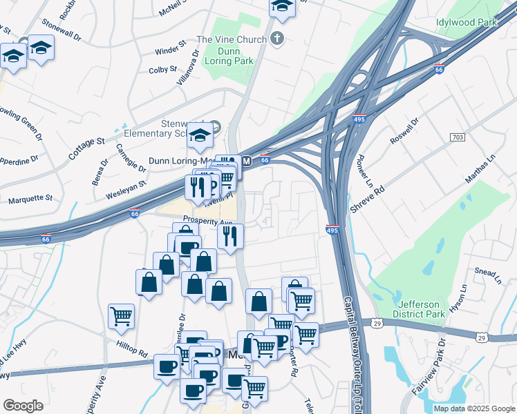 map of restaurants, bars, coffee shops, grocery stores, and more near 2711 Bellforest Court in Vienna