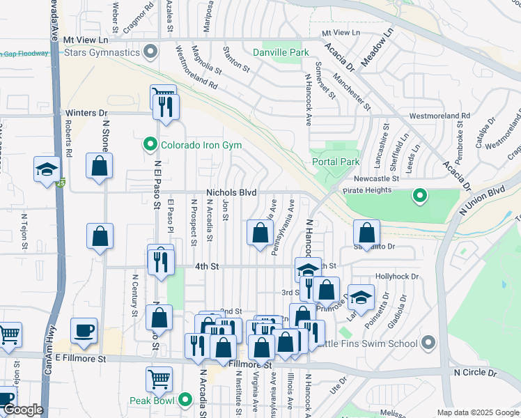 map of restaurants, bars, coffee shops, grocery stores, and more near 3313 Corbett Lane in Colorado Springs