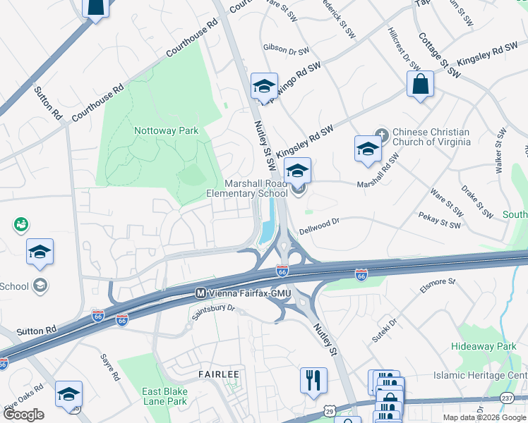 map of restaurants, bars, coffee shops, grocery stores, and more near 2715 Baronhurst Drive in Vienna