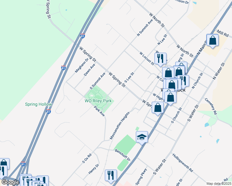 map of restaurants, bars, coffee shops, grocery stores, and more near 525 Washington Street in Woodstock