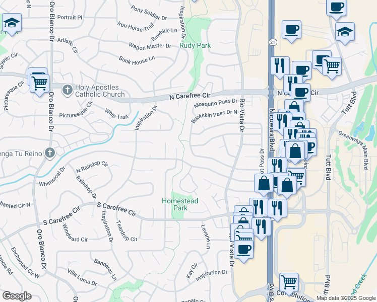 map of restaurants, bars, coffee shops, grocery stores, and more near 5449 South Buckskin Pass Drive in Colorado Springs