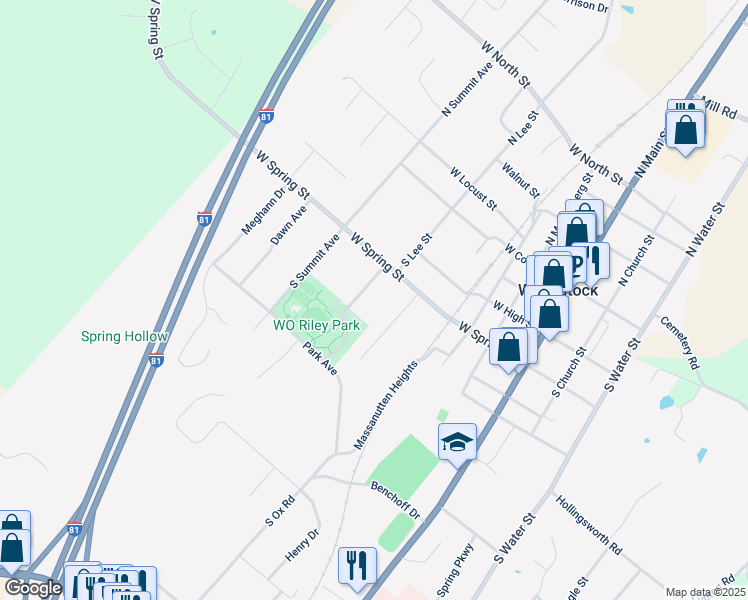 map of restaurants, bars, coffee shops, grocery stores, and more near 525 Washington Street in Woodstock