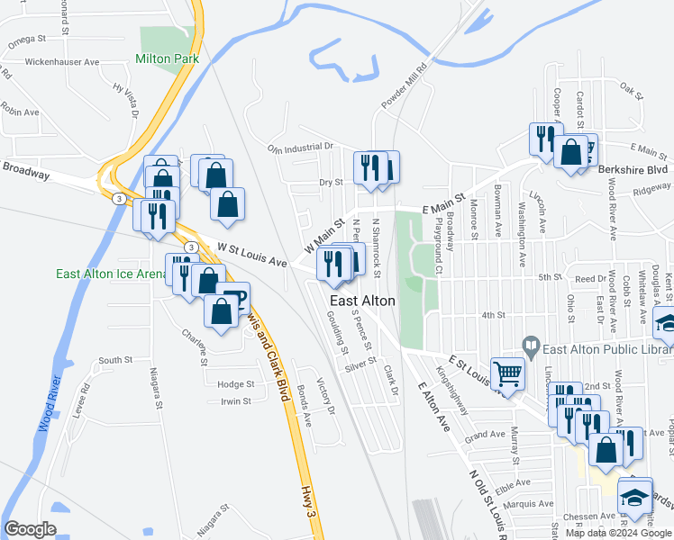 map of restaurants, bars, coffee shops, grocery stores, and more near 113 Herman Street in East Alton