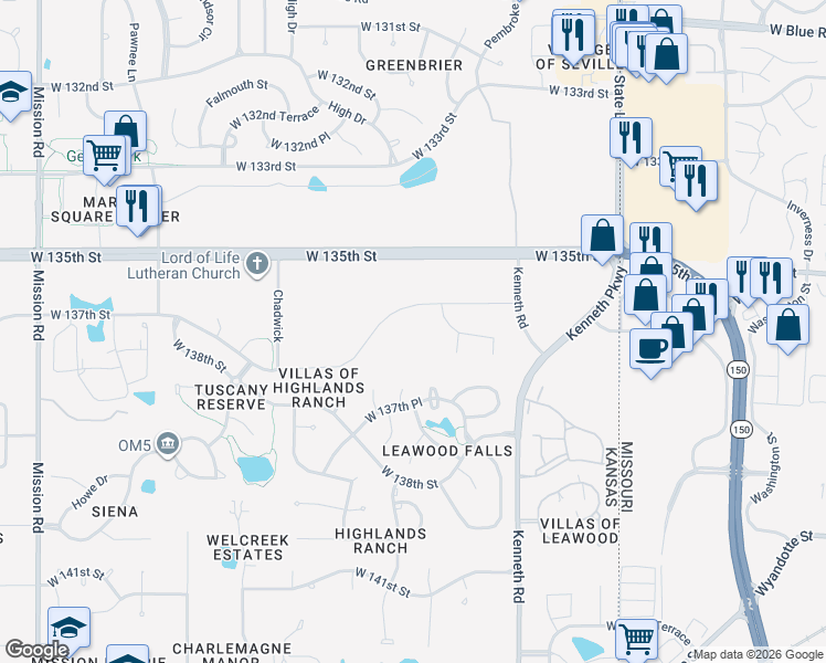 map of restaurants, bars, coffee shops, grocery stores, and more near 2434 West 137th Place in Overland Park