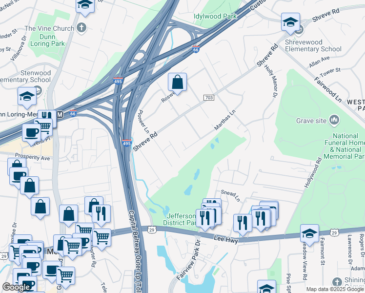 map of restaurants, bars, coffee shops, grocery stores, and more near 7828 Marthas Lane in Falls Church