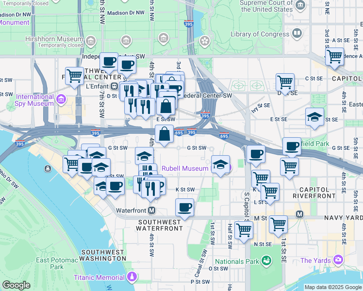 map of restaurants, bars, coffee shops, grocery stores, and more near 628 3rd Street Southwest in Washington