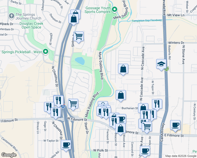 map of restaurants, bars, coffee shops, grocery stores, and more near 3430 Mark Dabling Boulevard in Colorado Springs