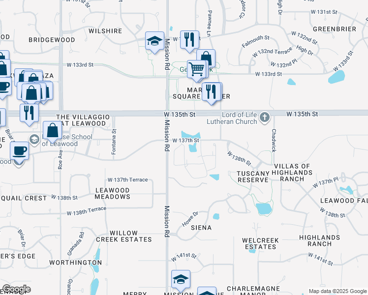 map of restaurants, bars, coffee shops, grocery stores, and more near 13705 Howe Drive in Leawood