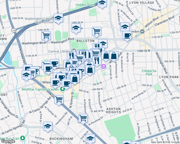 map of restaurants, bars, coffee shops, grocery stores, and more near 816 North Oakland Street in Arlington
